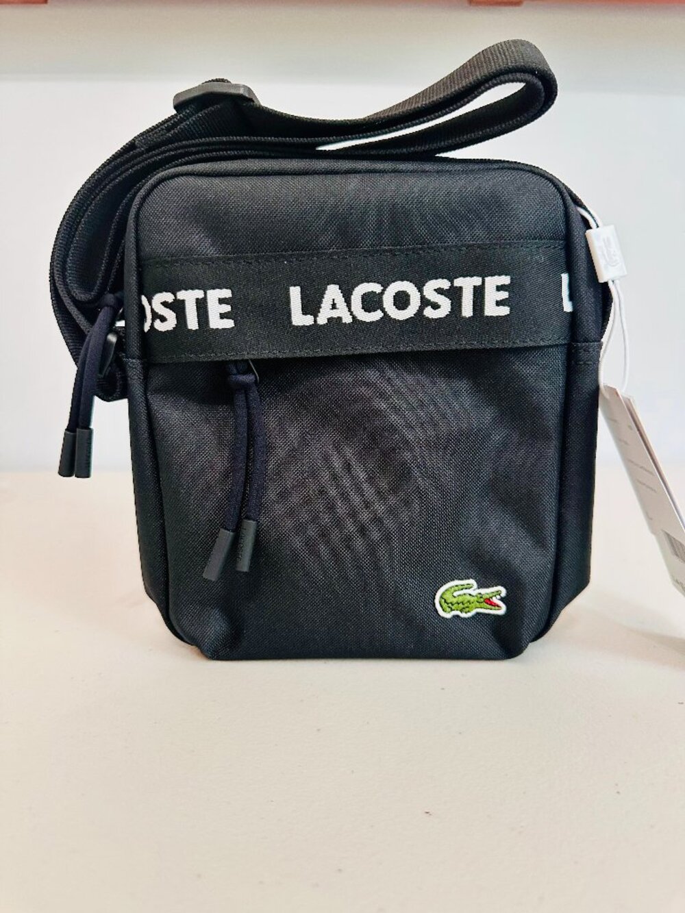 LACOSTE NEOCROC TAPE NOIR BLACK VERTICAL CAMERA CROSSBODY BAG UNISEX